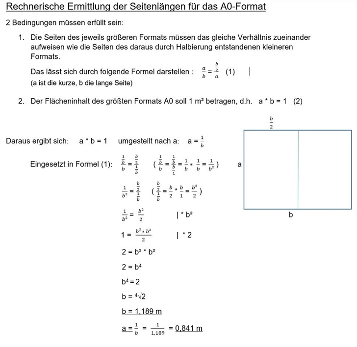 Rechnerische Ermittlung der Seitenlängen für das DIN A0-Format